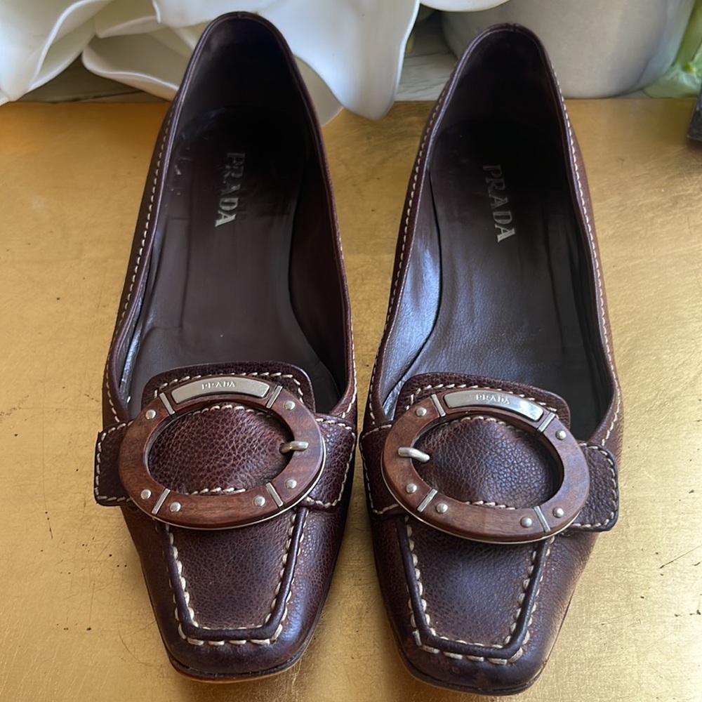 Prada Calzature Bamboo Buckle Flats in Brown Leather